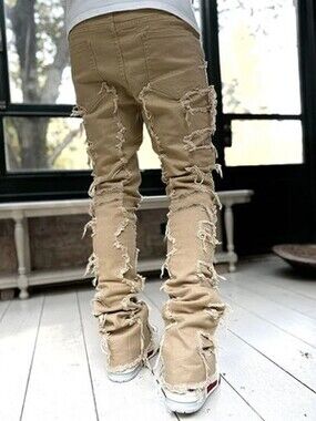 Ins Fringes Ripped jeans Individual Patched Pants Long Tight Fit